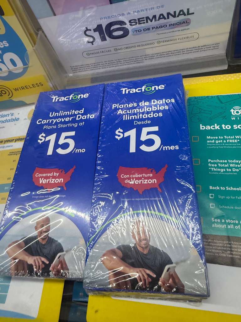 Bilingual Tracfone brochures on display