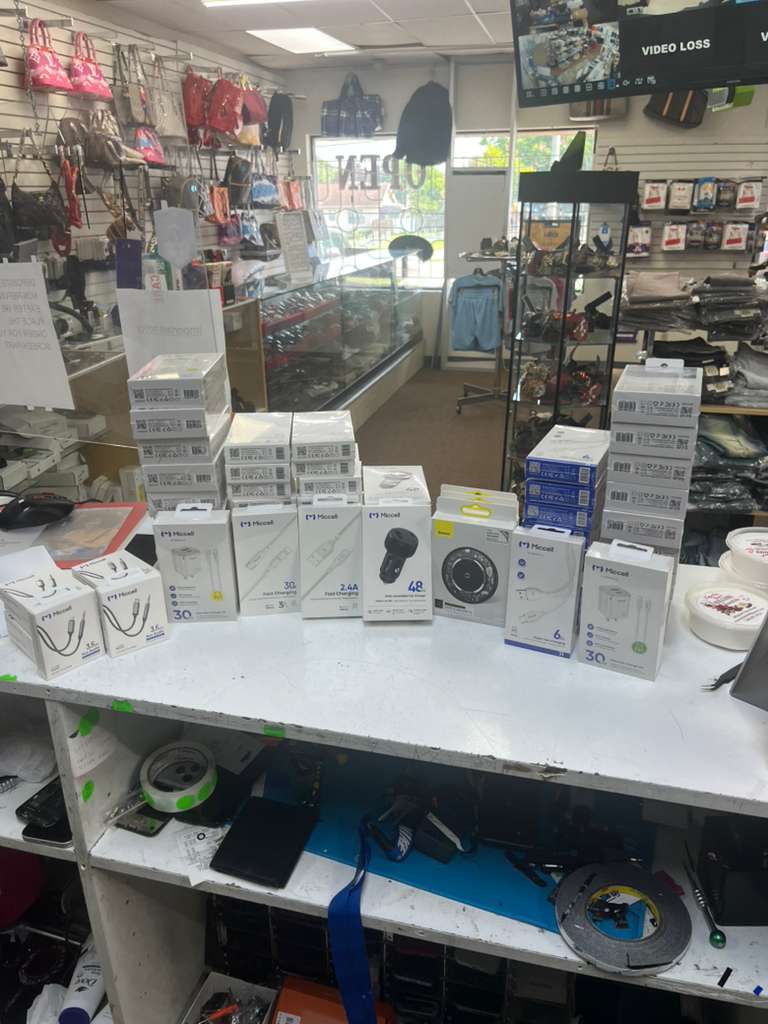 Checkout counter with chargers and accessories